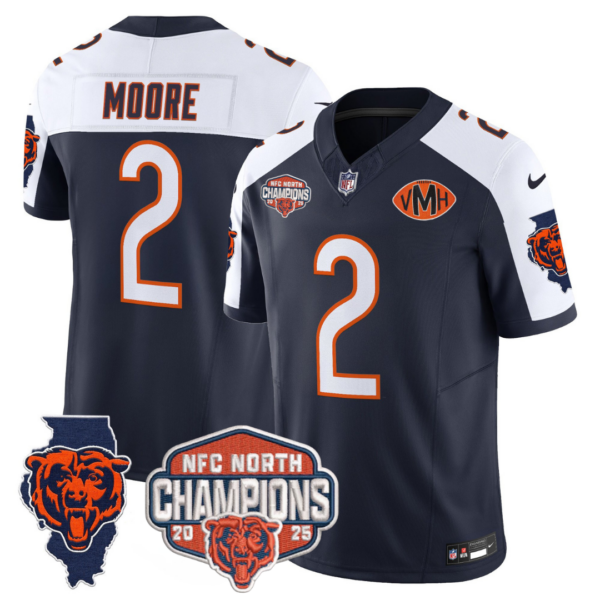 Chicago Bears 2025 NFC North Champions Patch Jersey V2 – All Stitched – Navy Alternate – DJ Moore Jersey