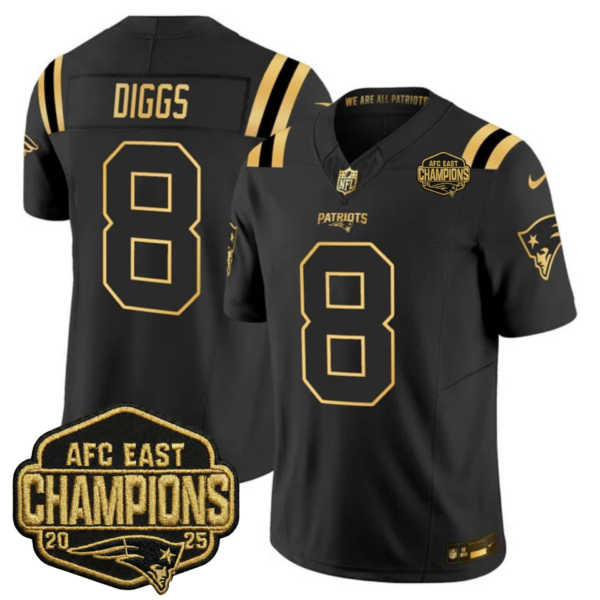 New England Patriots 2025 AFC East Champions Gold Vapor Limited Jersey – All Stitched – Black Gold – Stefon Diggs Jersey