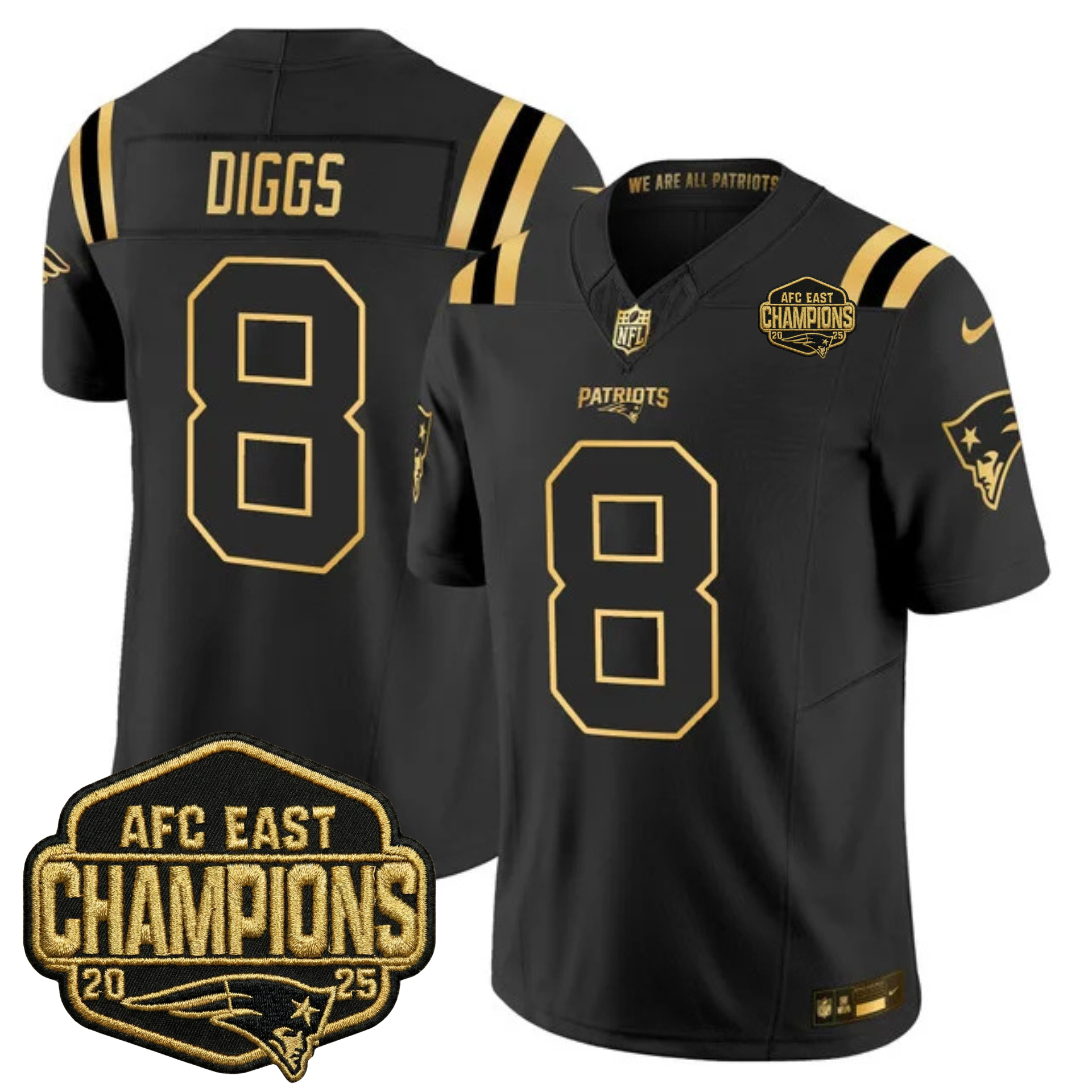 New England Patriots 2025 AFC East Champions Gold Vapor Limited Jersey – All Stitched – Black Gold – Stefon Diggs Jersey