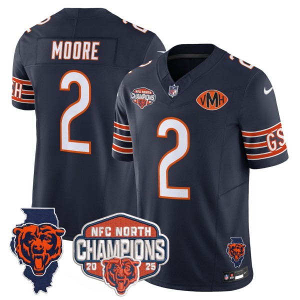 Chicago Bears 2025 NFC North Champions Patch Jersey V2 – All Stitched – Navy – DJ Moore Jersey