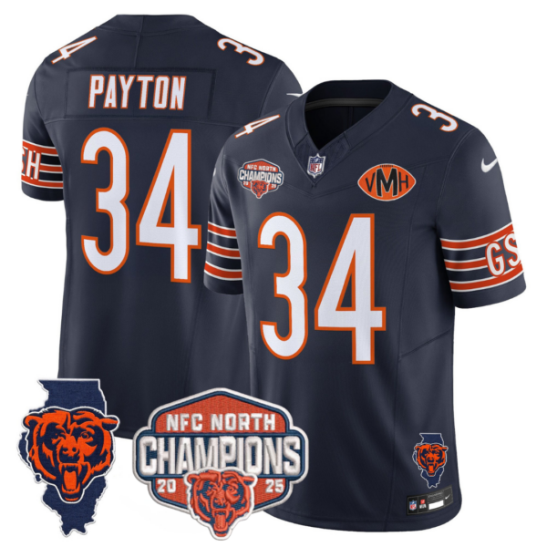 Chicago Bears 2025 NFC North Champions Patch Jersey V2 – All Stitched – Navy – Walter Payton Jersey