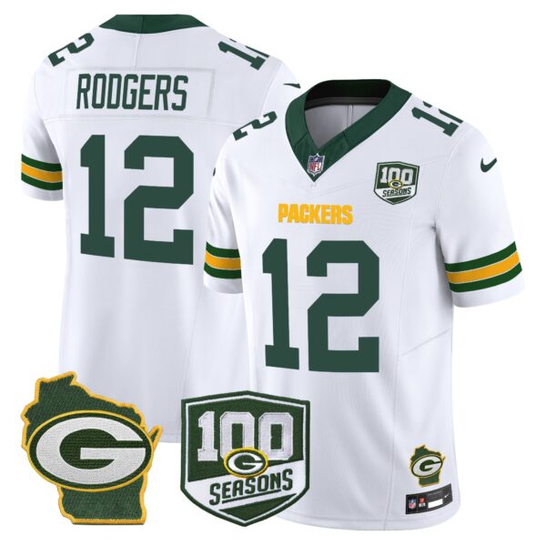 Green Bay Packers 100th Season & Home Patch Vapor Limited Jersey – All Stitched – White – Aaron Rodgers Jersey