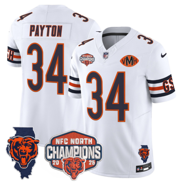 Chicago Bears 2025 NFC North Champions Patch Jersey V2 – All Stitched – White – Walter Payton Jersey