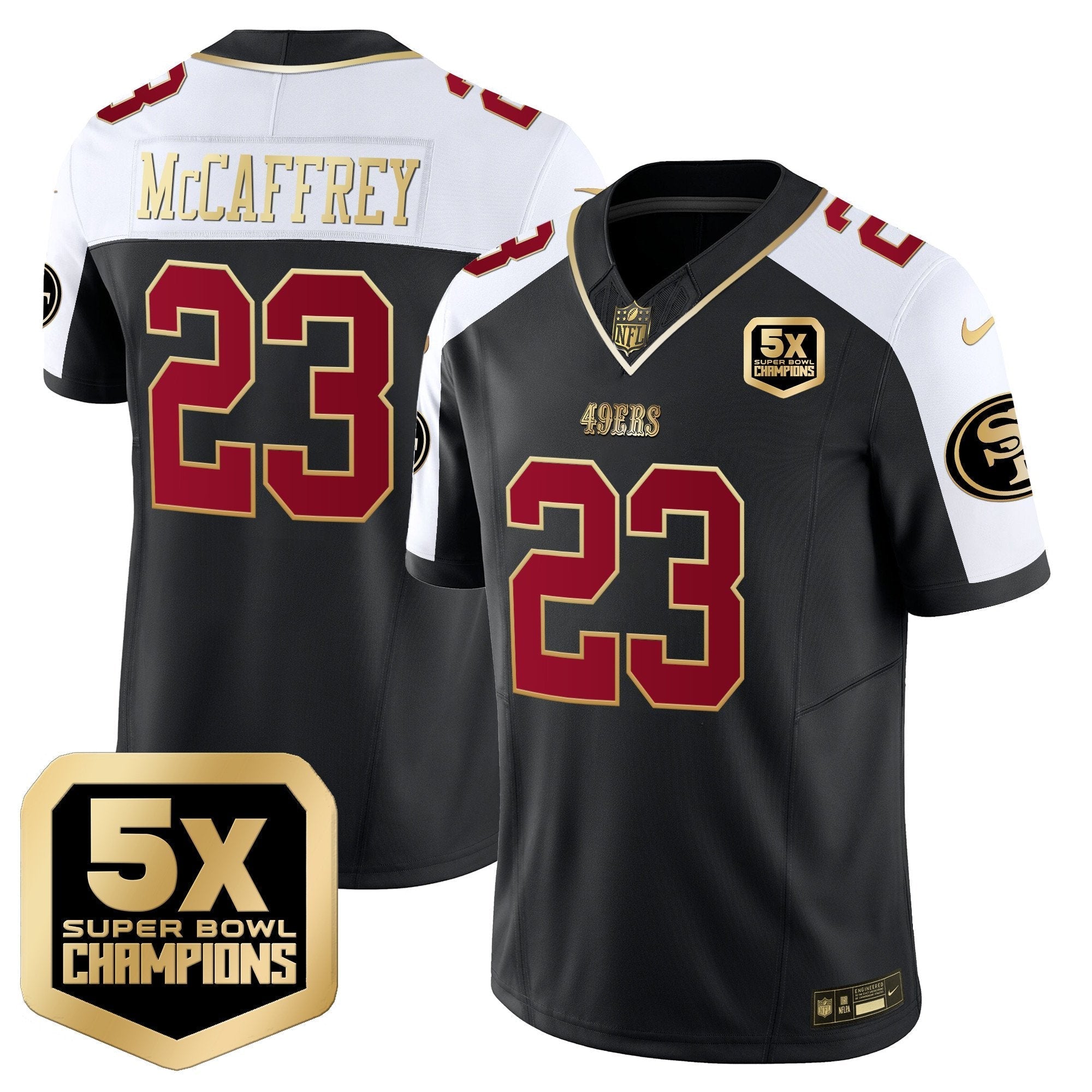 49ers 5x Super Bowl Champions Vapor Limited Jersey – All Stitched – Black Alternate – Christian McCaffrey Jersey