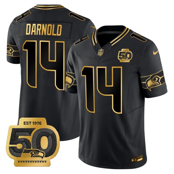 Seattle Seahawks 50th Anniversary Patch Gold Vapor Limited Jersey – All Stitched – Black Gold – Sam Darnold Jersey
