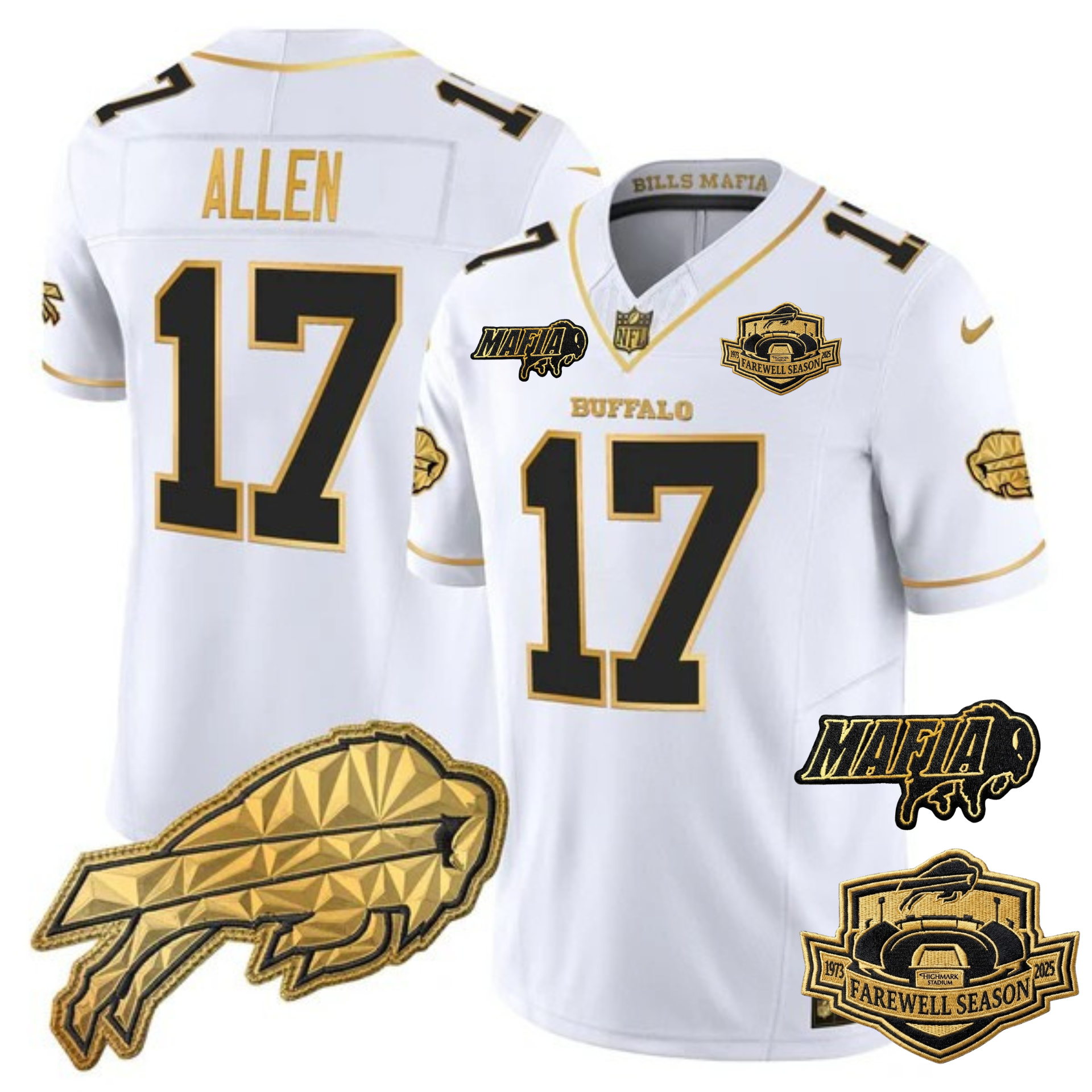 Buffalo Bills Mafia 2025 “Rivalries” Gold Vapor Limited Jersey – All Stitched – White Gold – Josh Allen Jersey