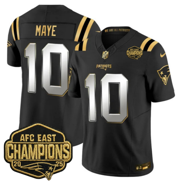 New England Patriots 2025 AFC East Champions Gold Vapor Limited Jersey – All Stitched – Black Limited – Drake Maye Jersey