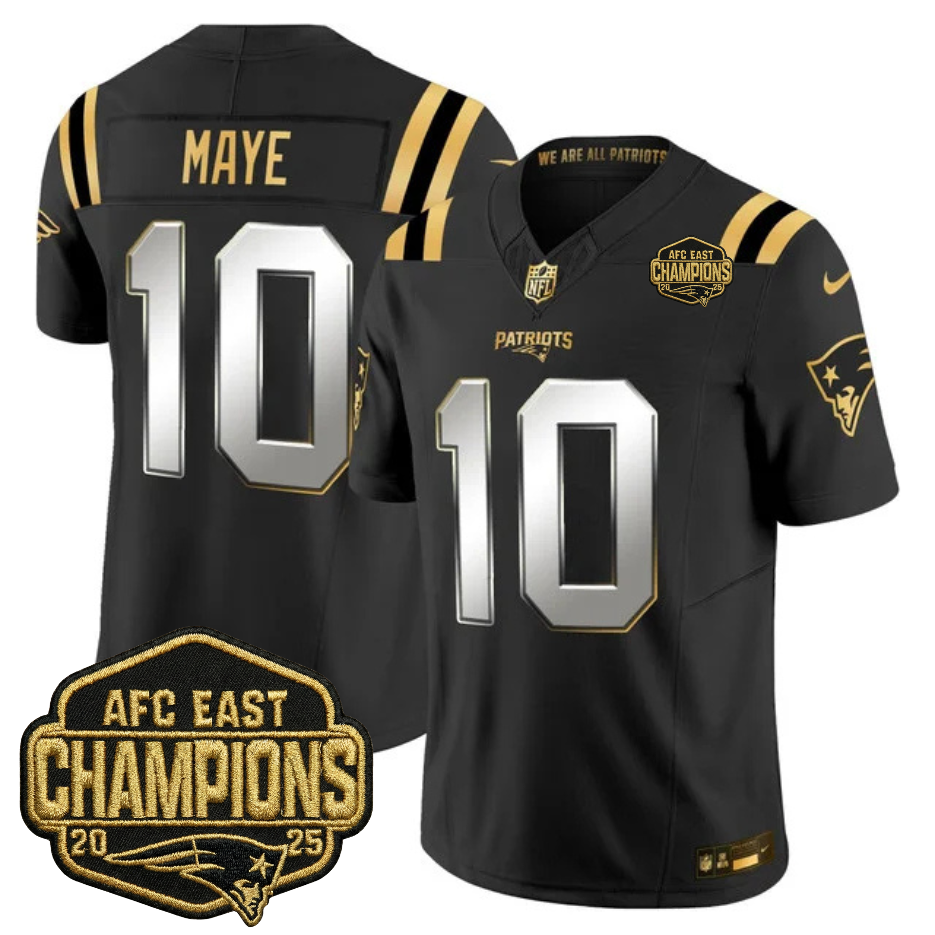 New England Patriots 2025 AFC East Champions Gold Vapor Limited Jersey – All Stitched – Black Limited – Drake Maye Jersey