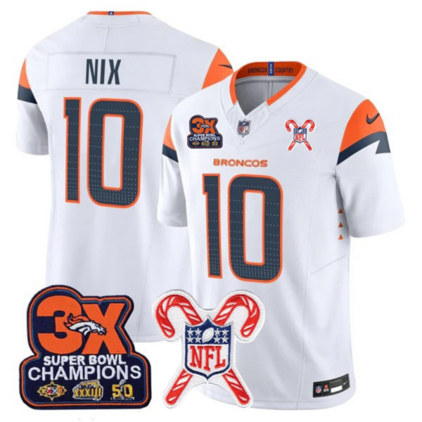 Denver Broncos 3-Time Champions & Christmas Patch Vapor Limited Jersey – All Stitched – White – Bo Nix Jersey