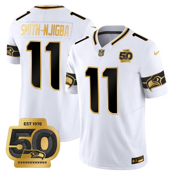 Seattle Seahawks 50th Anniversary Patch Gold Vapor Limited Jersey – All Stitched – White Gold – Smith-Njigba Jersey
