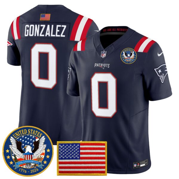 Men’s New England Patriots “United States 250th Anniversary Patch” Vapor Limited Jersey – All Stitched – Navy – Christian Gonzalez Jersey