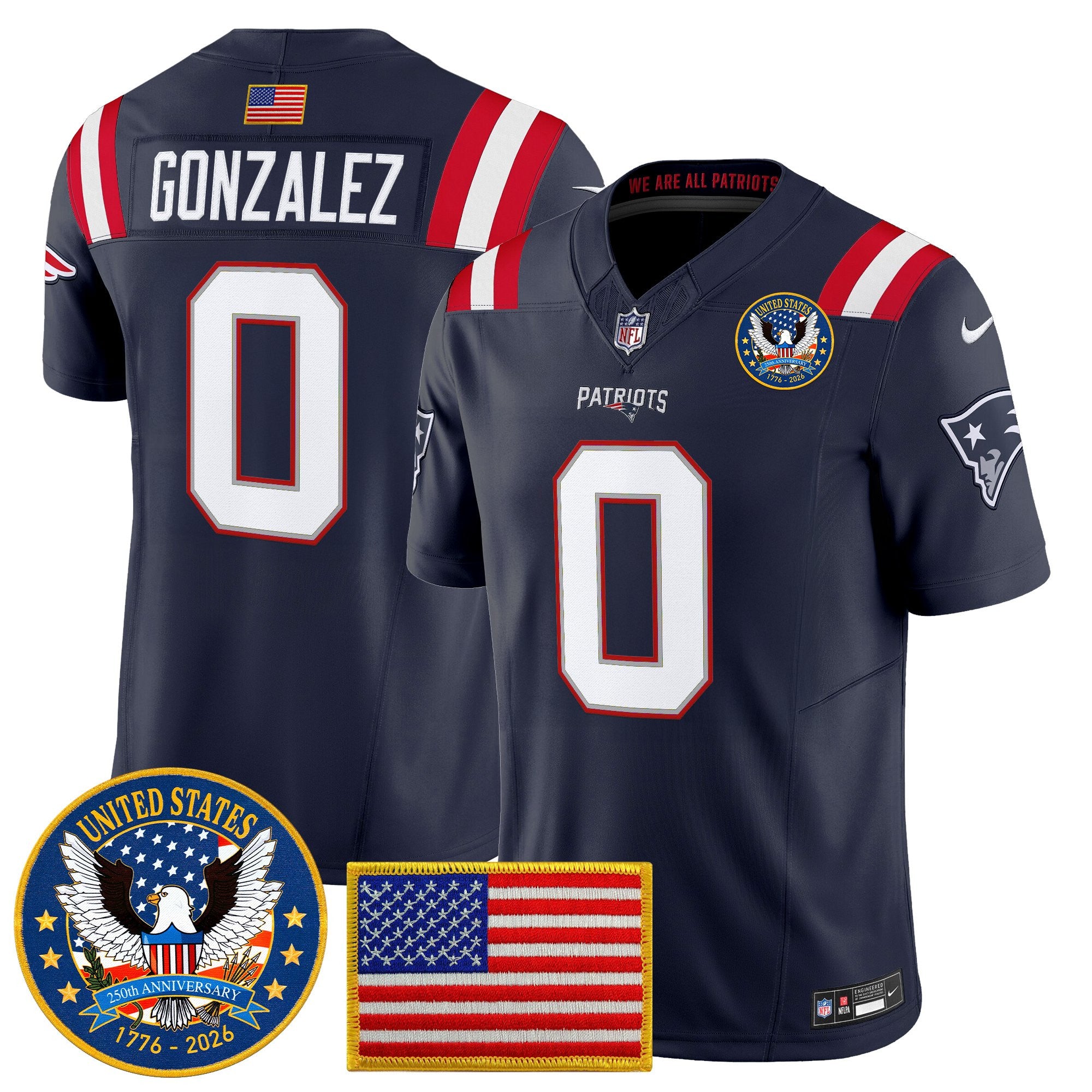 Men’s New England Patriots “United States 250th Anniversary Patch” Vapor Limited Jersey – All Stitched – Navy – Christian Gonzalez Jersey