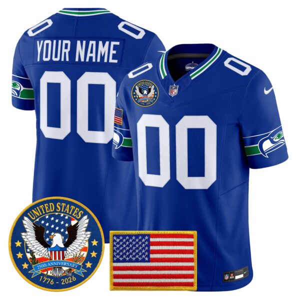 Seattle Seahawks “United States 250th Anniversary Patch” Vapor Limited Custom Jersey – All Stitched – Royal Jersey