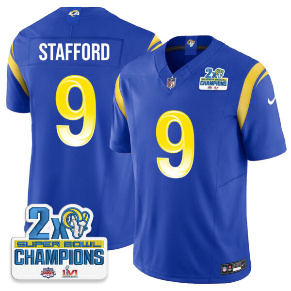 Los Angeles Rams 2-Time Champions Patch Vapor Limited Jersey – All Stitched – Royal – Matthew Stafford Jersey