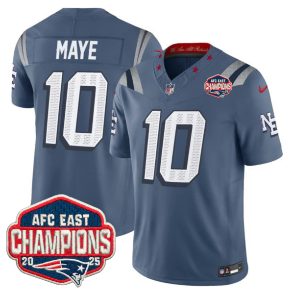 New England Patriots AFC East Champions Patch Vapor Limited Jersey – All Stitched – Storm Blue – Drake Maye Jersey