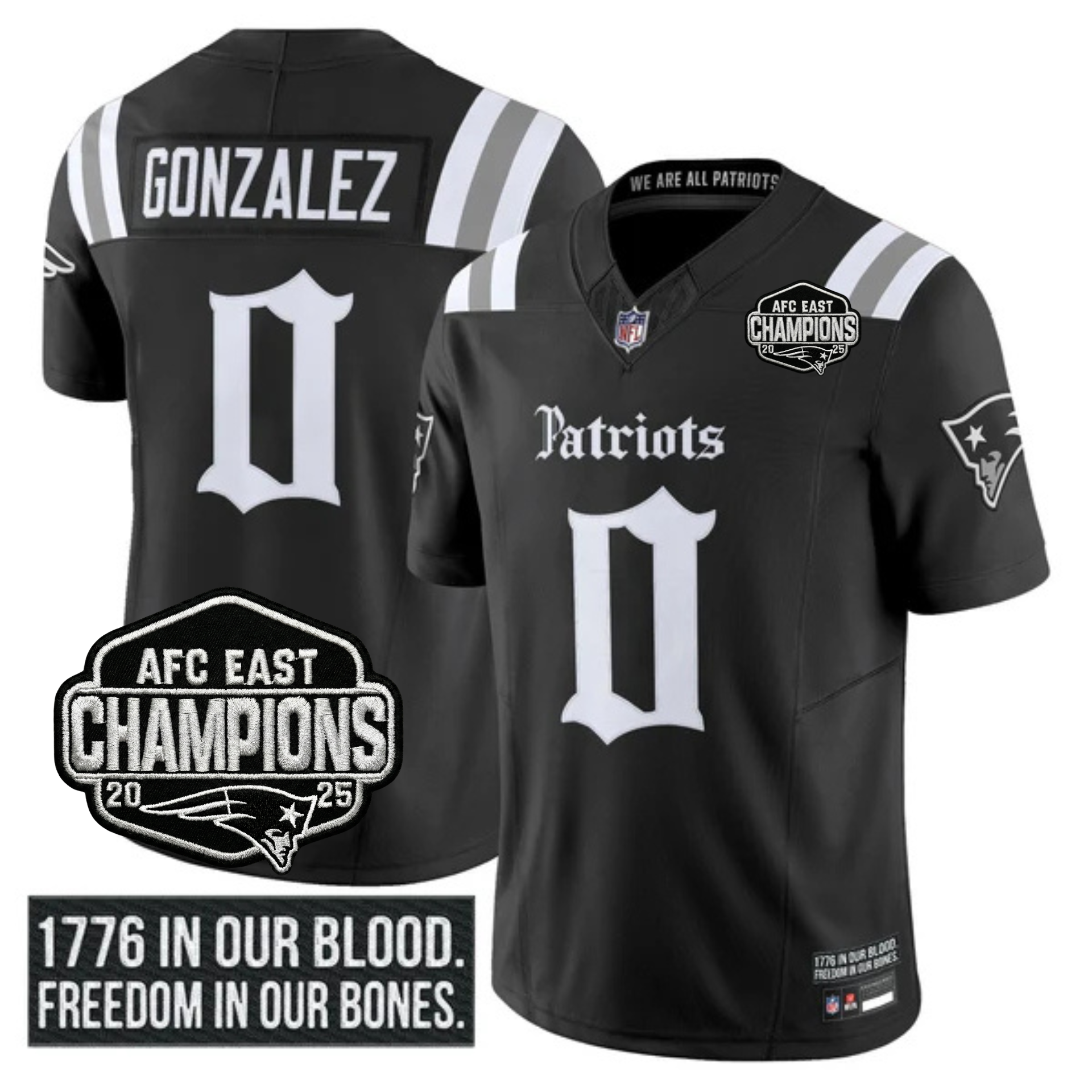 New England Patriots ‘Gothic Revolution Edition’ AFC East Champions Patch Vapor Limited Jersey – All Stitched – Black – Christian Gonzalez Jersey
