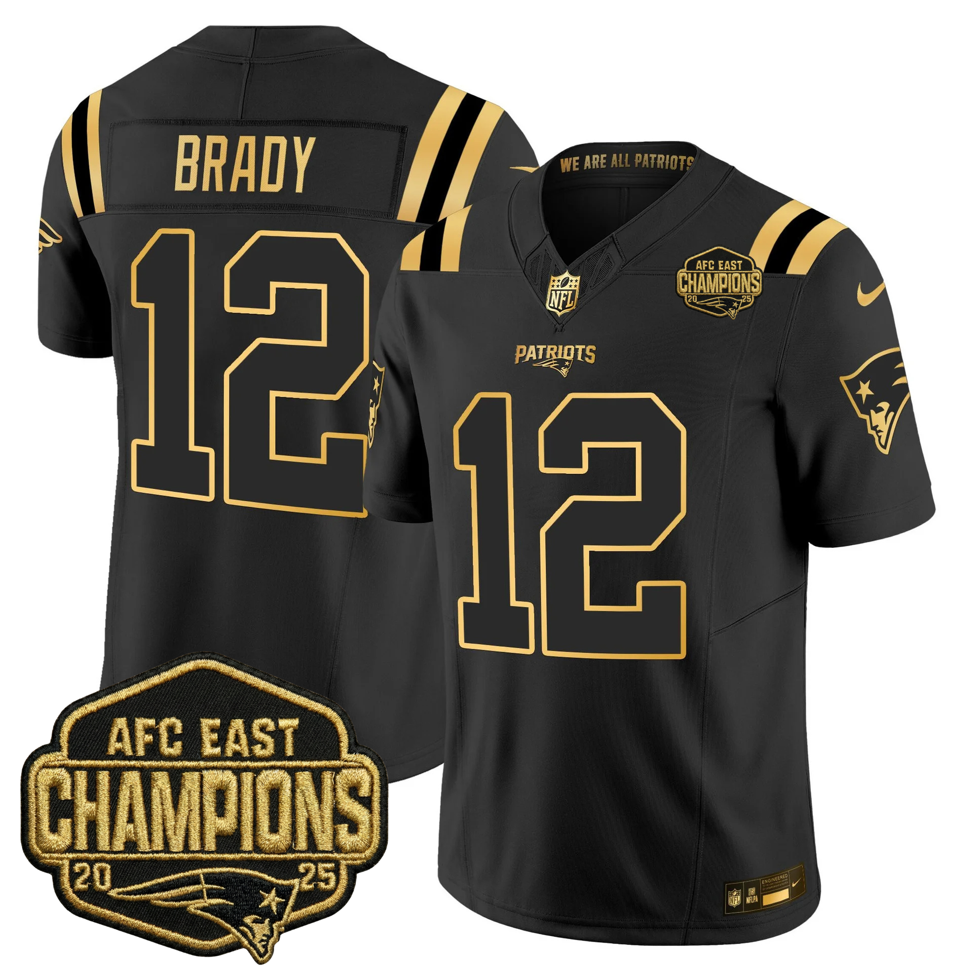New England Patriots 2025 AFC East Champions Gold Vapor Limited Jersey – All Stitched – Black Gold – Tom Brady Jersey
