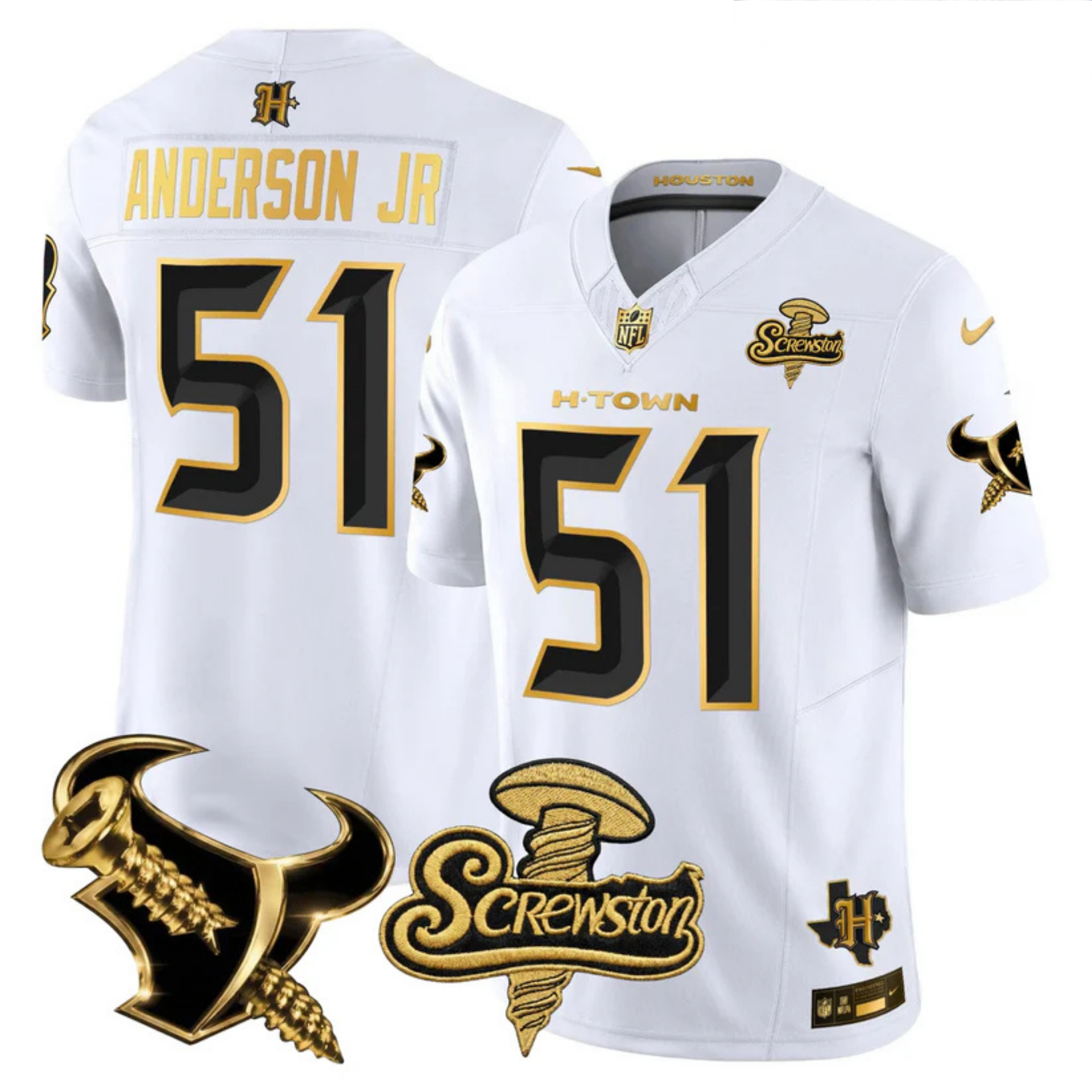 Houston Texans 2026 DJ Screw Vapor Limited Gold Edition Jersey – All Stitched – White Gold – Will Anderson Jr. Jersey