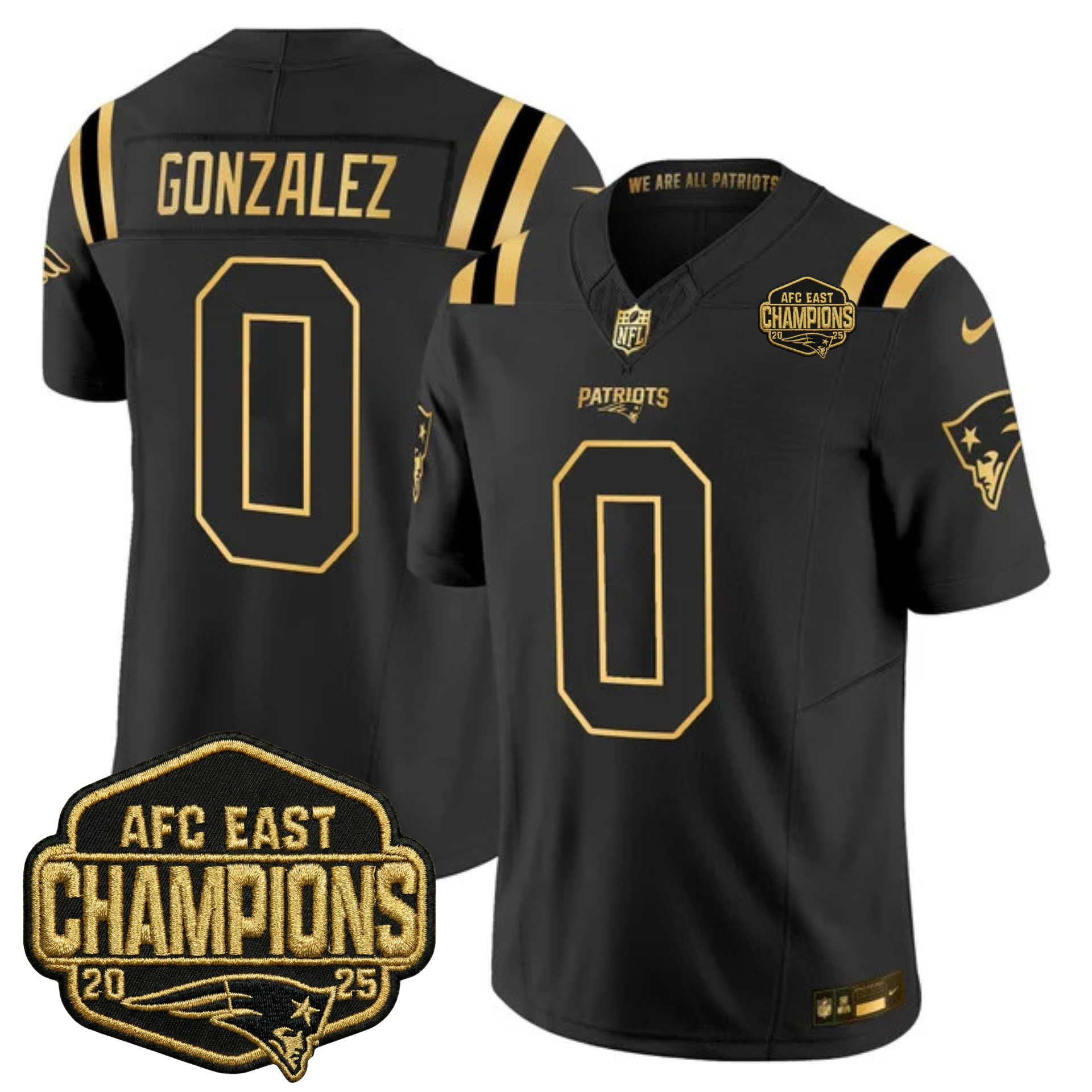 New England Patriots 2025 AFC East Champions Gold Vapor Limited Jersey – All Stitched – Black Gold – Christian Gonzalez Jersey