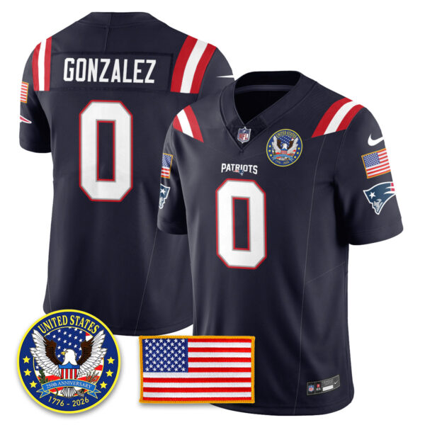 New England Patriots “United States 250th Anniversary Patch” Vapor Limited Jersey – All Stitched – Navy – Christian Gonzalez Jersey