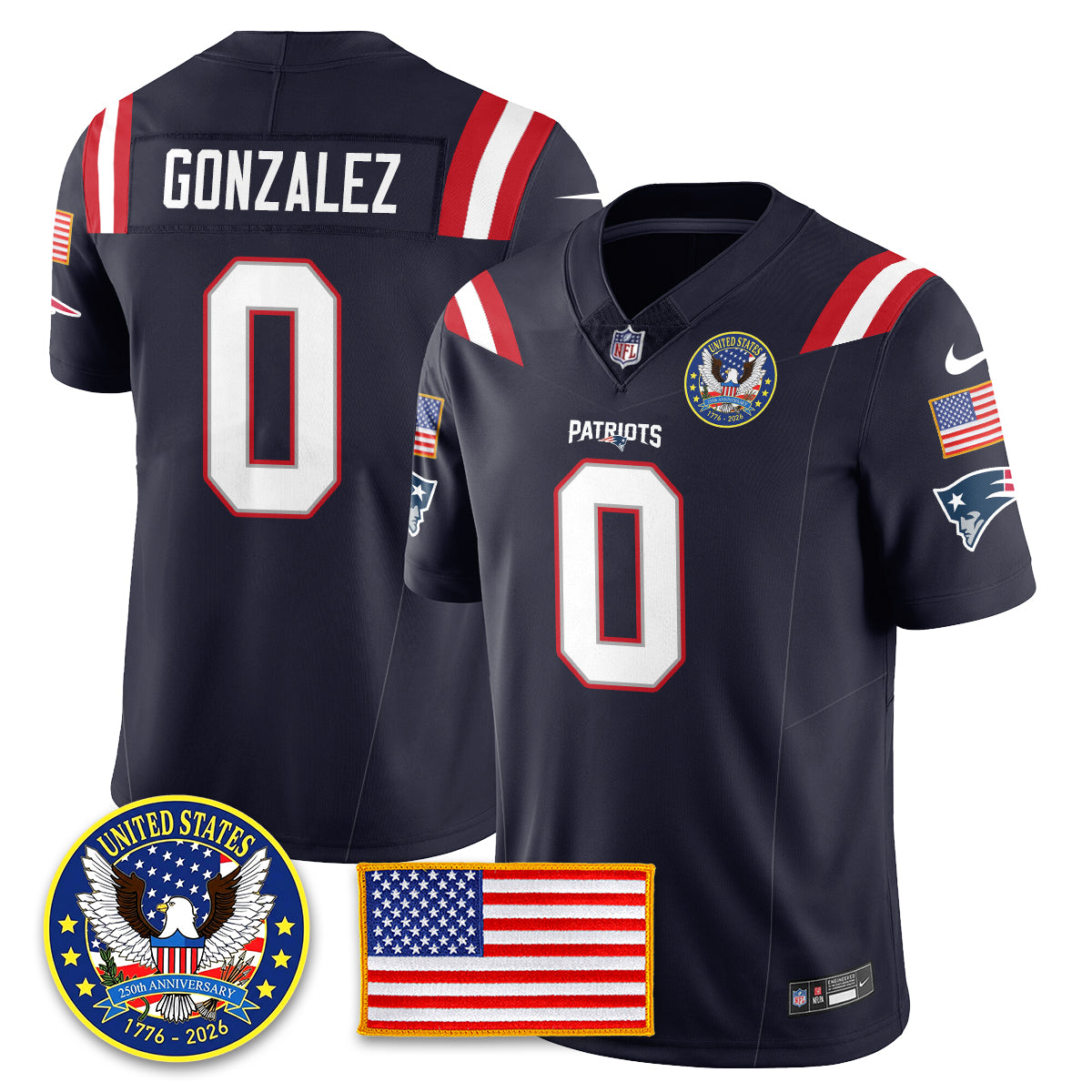 New England Patriots “United States 250th Anniversary Patch” Vapor Limited Jersey – All Stitched – Navy – Christian Gonzalez Jersey