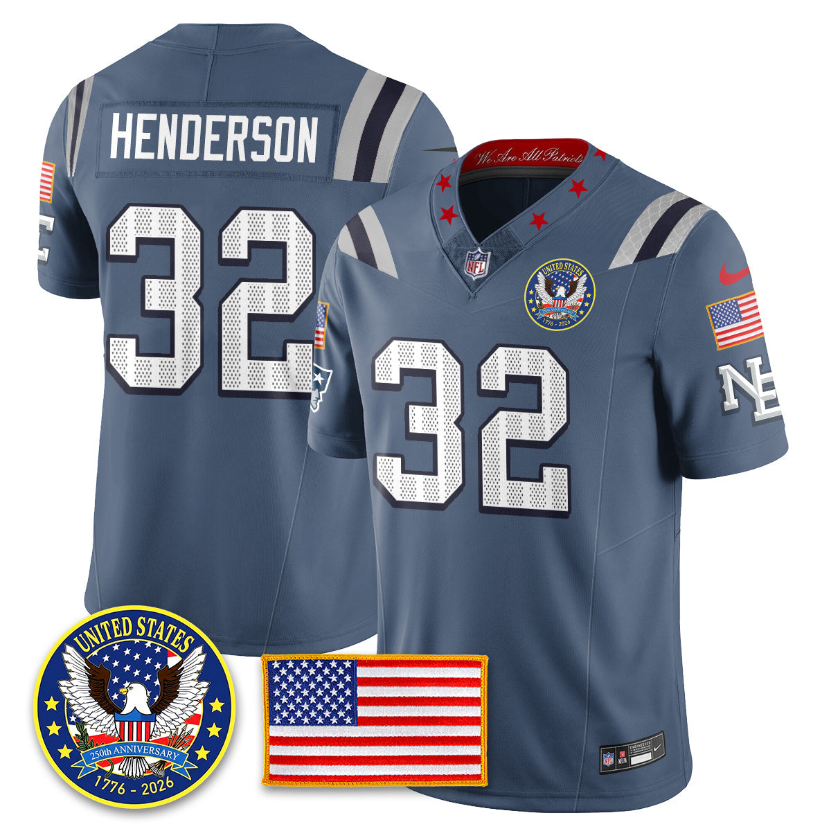 New England Patriots “United States 250th Anniversary Patch” Vapor Limited Jersey – All Stitched – Storm Blue – TreVeyon Henderson Jersey