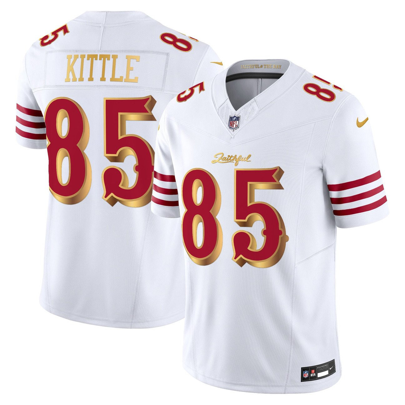 Women’s San Francisco 49ers 2025 Rivalries Vapor Limited Jersey V2 – All Stitched White Gold George Kittle – 85 Jersey