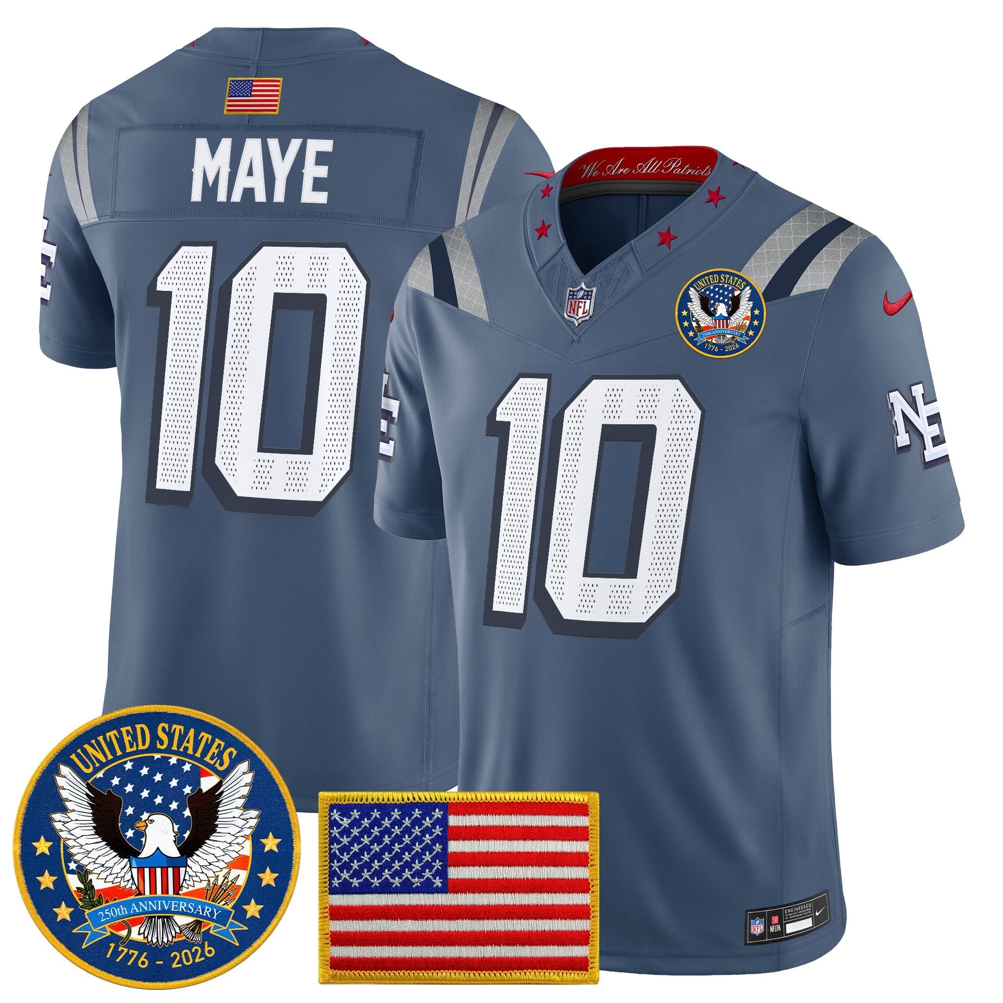 Men’s New England Patriots “United States 250th Anniversary Patch” Vapor Limited Jersey – All Stitched – Storm Blue – Drake Maye Jersey