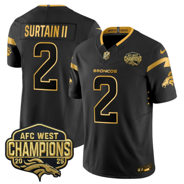 Denver Broncos AFC West Champions Patch Gold Vapor Limited Jersey – All Stitched – Black Gold – Patrick Surtain II Jersey