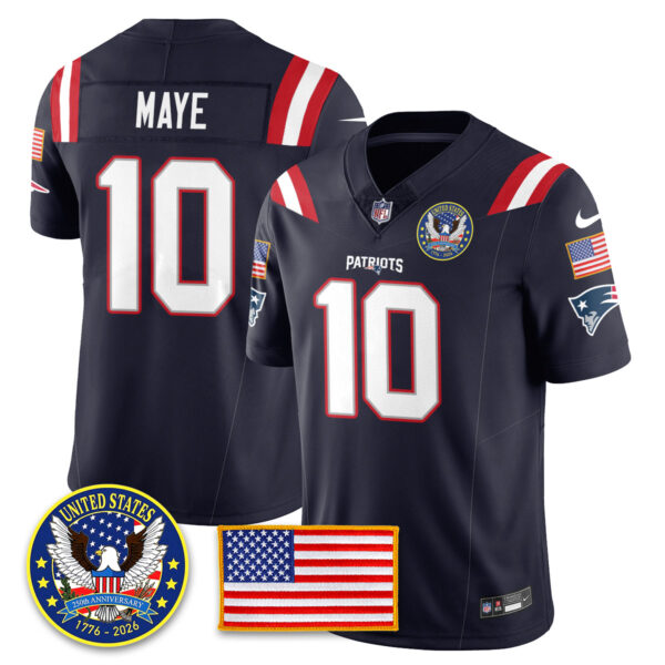 New England Patriots “United States 250th Anniversary Patch” Vapor Limited Jersey – All Stitched – Navy – Drake Maye Jersey