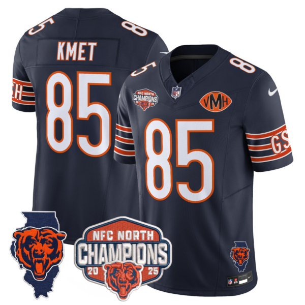 Chicago Bears 2025 NFC North Champions Patch Jersey V2 – All Stitched – Navy – Cole Kmet Jersey