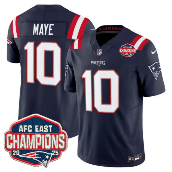 New England Patriots AFC East Champions Patch Vapor Limited Jersey – All Stitched – Navy – Drake Maye Jersey