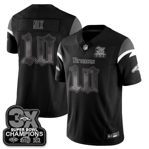 Denver Broncos ‘Dark Gothic’ Vapor Limited Jersey – 3-Time Champions – All Stitched – Black – Bo Nix Jersey