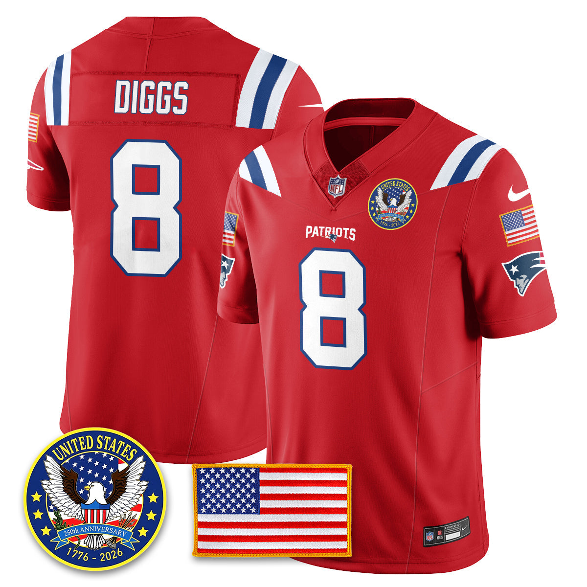 New England Patriots “United States 250th Anniversary Patch” Vapor Limited Jersey – All Stitched – Red – Stefon Diggs Jersey
