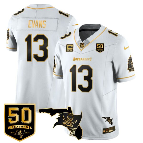 Tampa Bay Buccaneers 50th Season Limited Gold Jersey – All Stitched – White Gold – Mike Evans Jersey