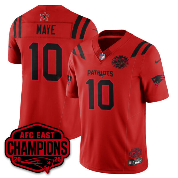 New England Patriots ‘Stranger Things’ AFC East Division Champions Vapor Limited Jersey – All Stitched – Red – Drake Maye Jersey