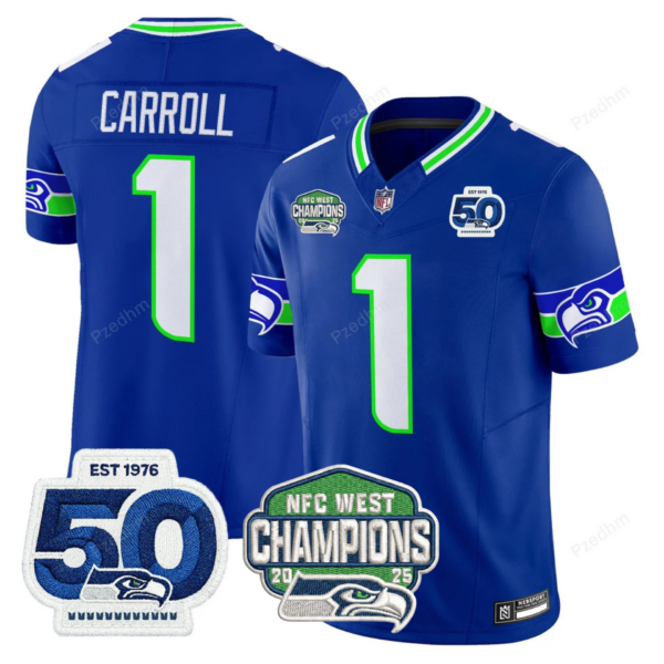 Seattle Seahawks NFC West Division Champions Vapor Limited Jersey V2 – All Stitched – Royal – Pete Carroll Jersey