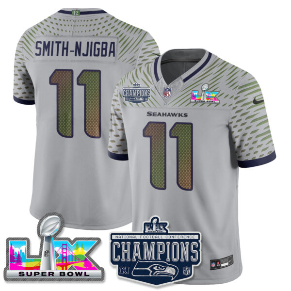 Seattle Seahawks 2025 NFC Champions Vapor Limited Jersey – All Stitched – Wolf Gray – Jaxon Smith-Njigba Jersey