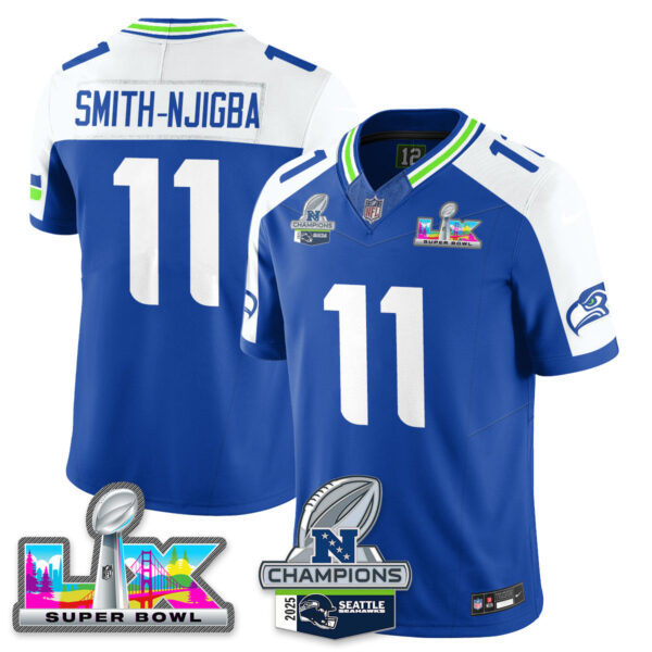 Seattle Seahawks 2025 NFC Champions Vapor Limited Jersey V2 – All Stitched – Royal Alternate – Jaxon Smith-Njigba Jersey