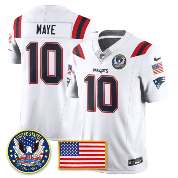 New England Patriots “United States 250th Anniversary Patch” Vapor Limited Jersey – All Stitched – White – Drake Maye Jersey