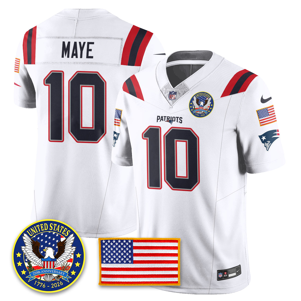 New England Patriots “United States 250th Anniversary Patch” Vapor Limited Jersey – All Stitched – White – Drake Maye Jersey