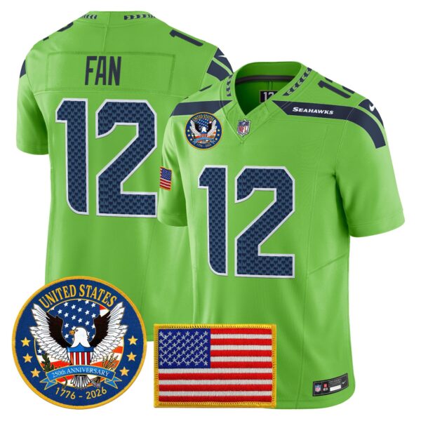 Seattle Seahawks “United States 250th Anniversary Patch” Vapor Limited Jersey – All Stitched – Green – 12th Fan Jersey