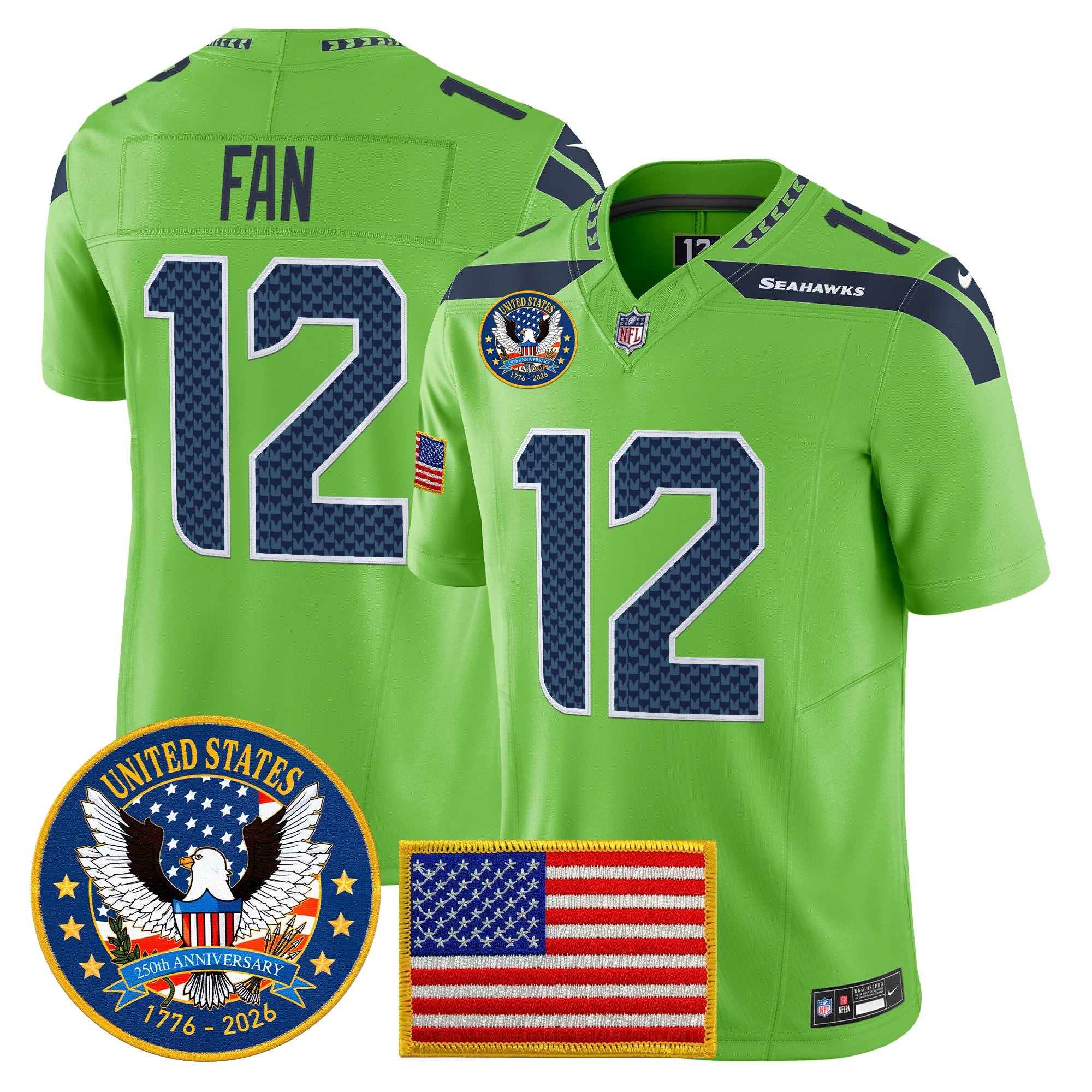 Seattle Seahawks “United States 250th Anniversary Patch” Vapor Limited Jersey – All Stitched – Green – 12th Fan Jersey