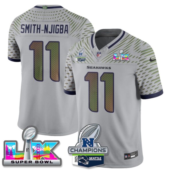 Seattle Seahawks 2025 NFC Champions Vapor Limited Jersey V2 – All Stitched – Wolf Gray – Jaxon Smith-Njigba Jersey