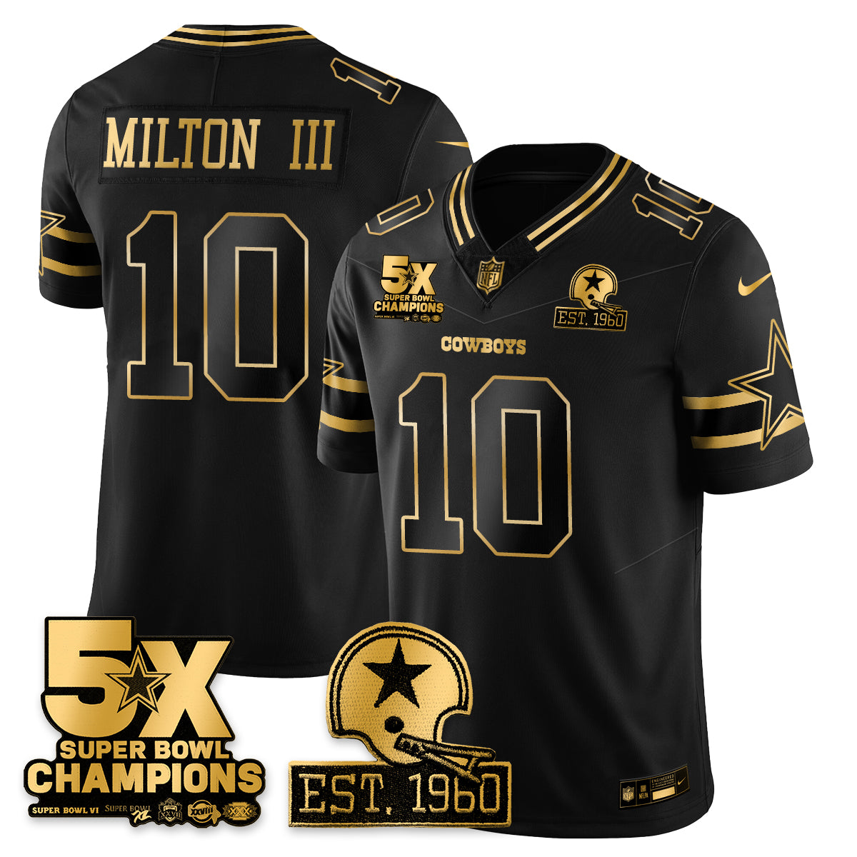 Dallas Cowboys 5-Time Champions Patch Vapor Limited Gold Jersey – All Stitched – Black Gold – Joe Milton III – Jersey