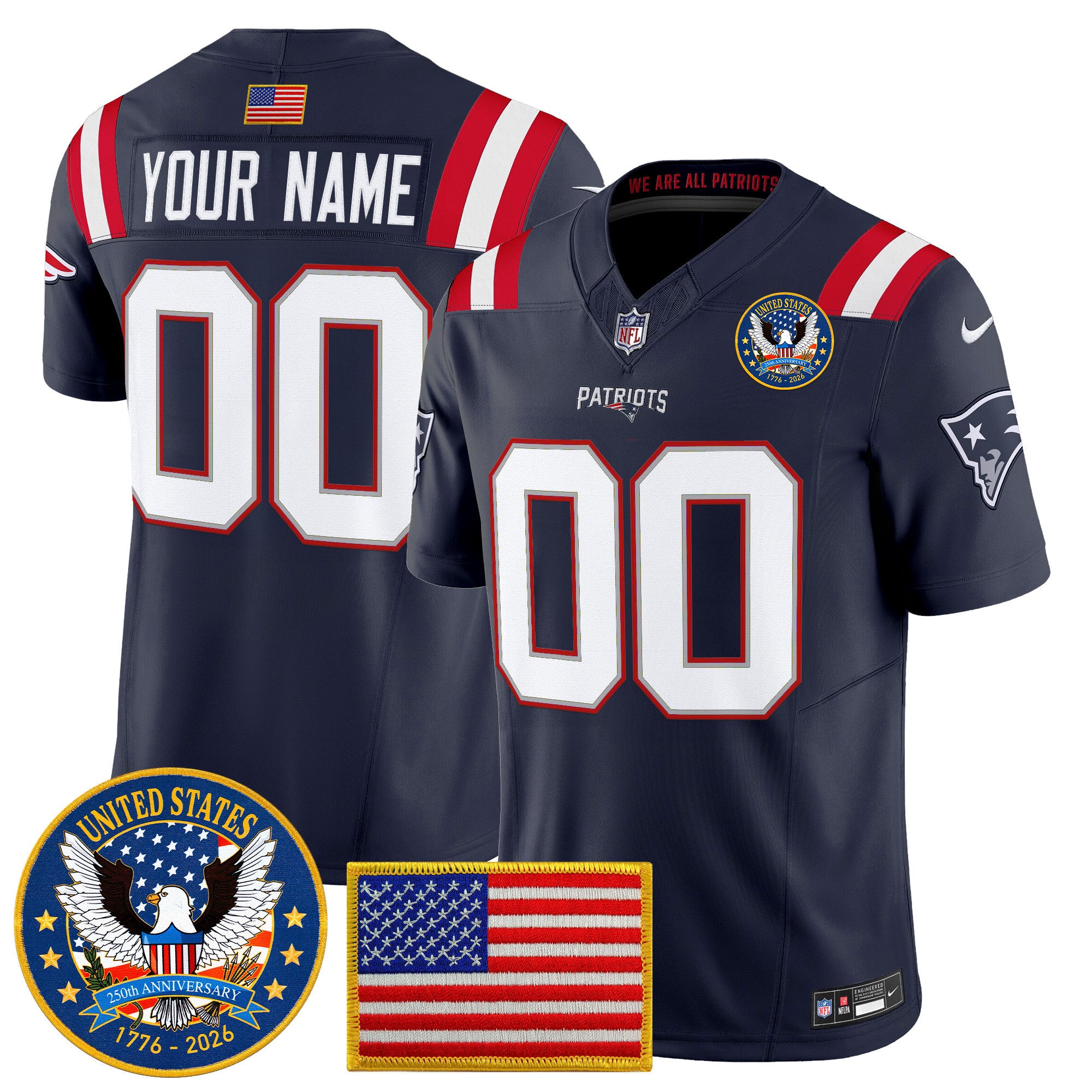 New England Patriots “United States 250th Anniversary Patch” Vapor Limited Custom Jersey – All Stitched – Men – Navy Jersey