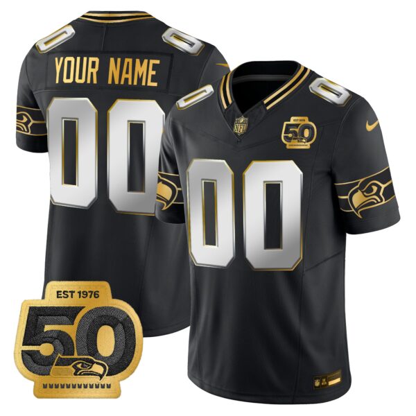 Seattle Seahawks 50th Anniversary Patch Gold Vapor Limited Custom Jersey – All Stitched – Black Limited Jersey