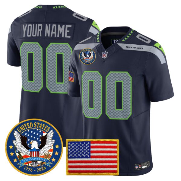 Seattle Seahawks “United States 250th Anniversary Patch” Vapor Limited Custom Jersey – All Stitched – College Navy Jersey