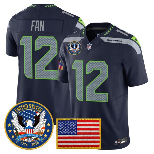 Seattle Seahawks “United States 250th Anniversary Patch” Vapor Limited Jersey – All Stitched – College Navy – 12th Fan Jersey