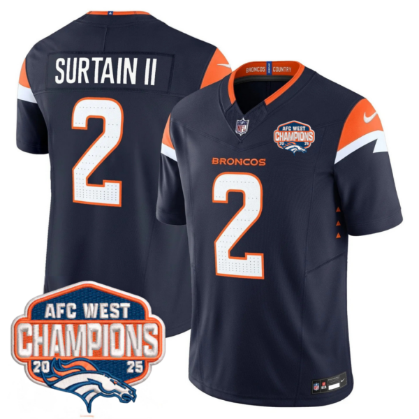 Denver Broncos AFC West Champions Patch Vapor Limited Jersey V2 – All Stitched – Navy – Patrick Surtain II Jersey
